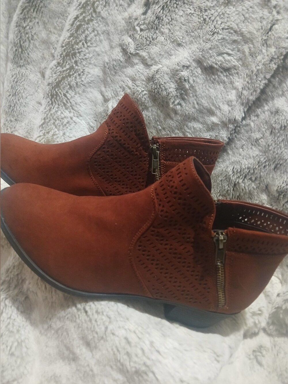 Perforated Suede-Look Ankle Booties in Rust Brown with Side Zip